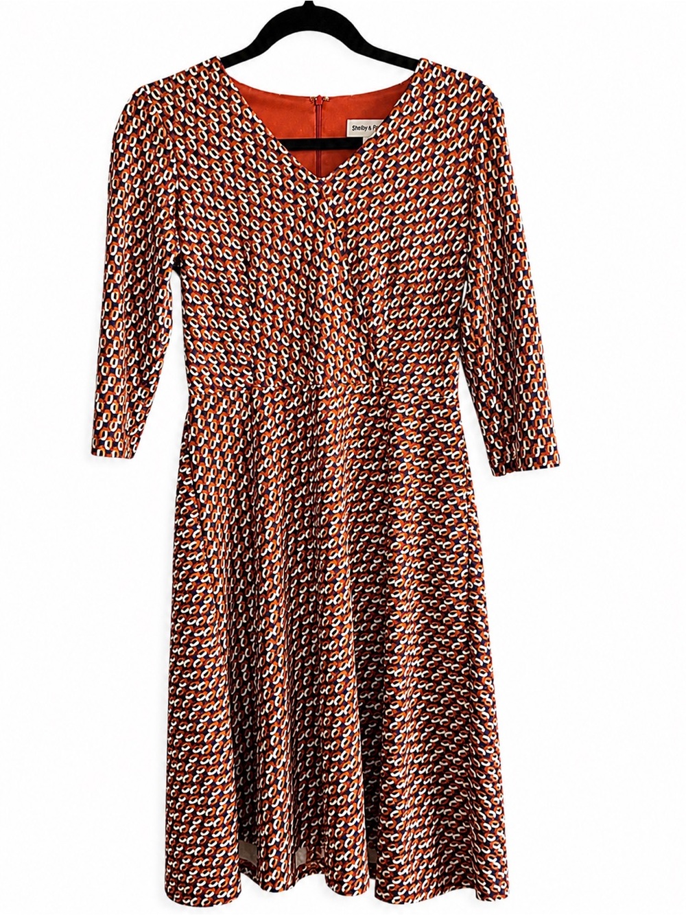 Shelby & Palmer 8 Retro Geometric Print Fit & Flare 3/4 Sleeve Midi 70s Dress 8